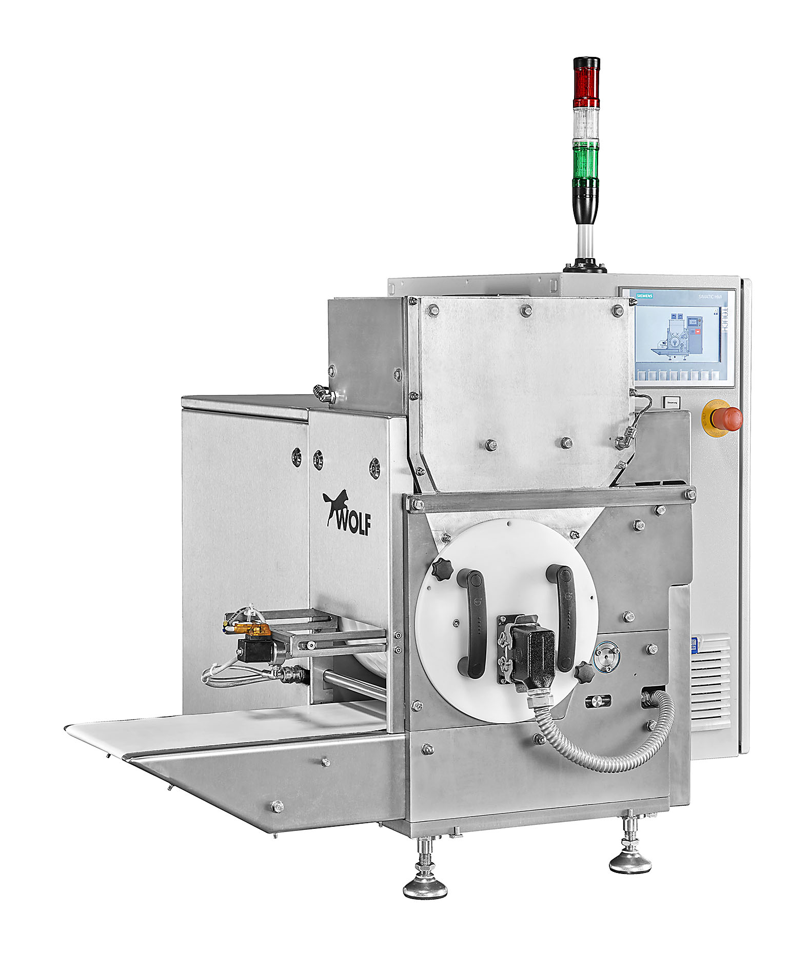 Industrial cereal former machine with rollers and a control panel for forming cereal products.