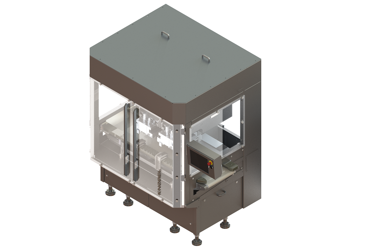 3D render of an enclosed industrial cold press machine with touchscreen controls.