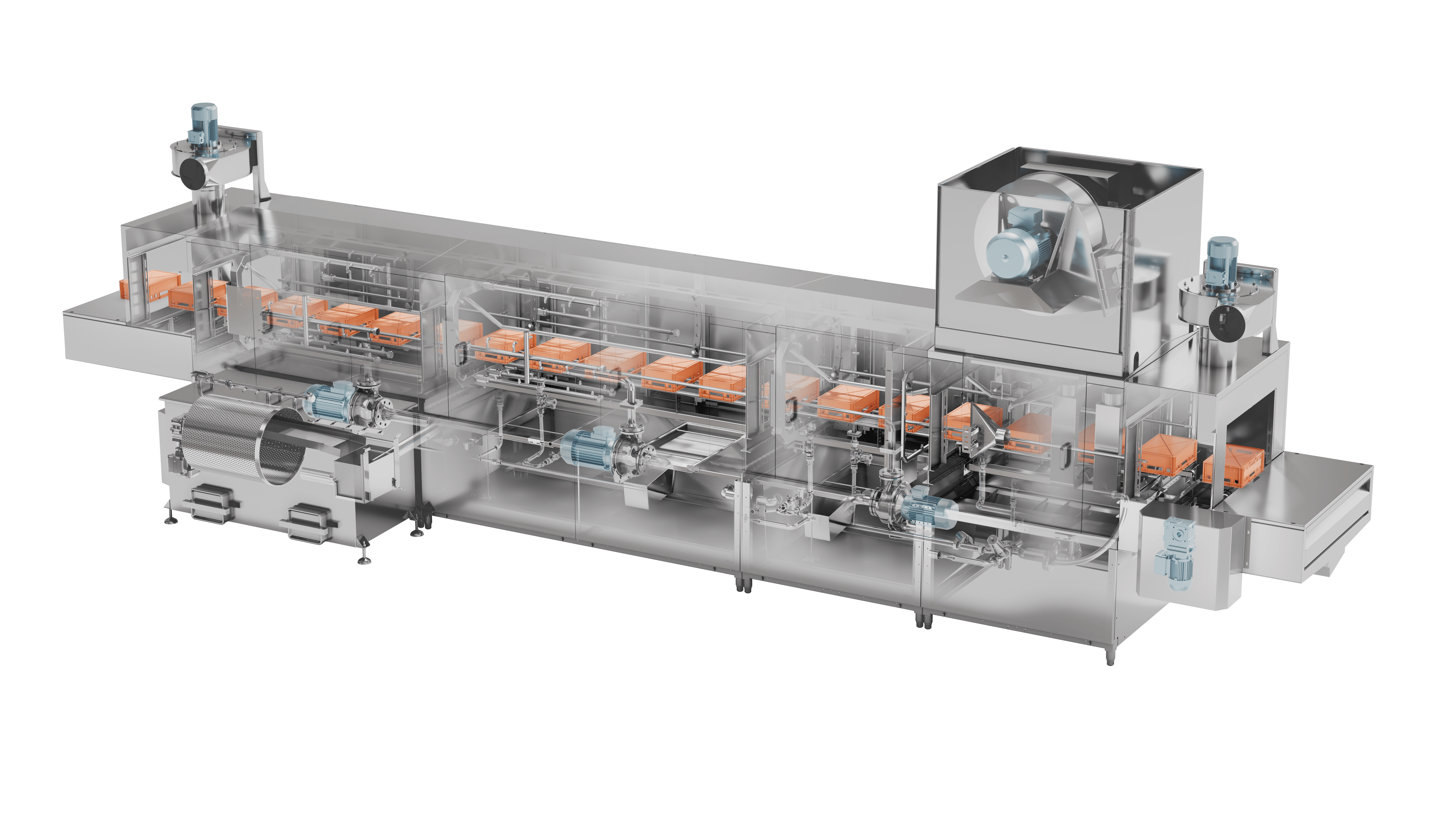 Continuous chocolate processing tunnel with automated mould transport, cooling and handling.