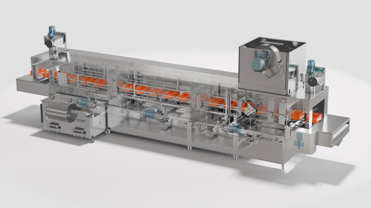 Continuous washing system for an industrial food production facility.