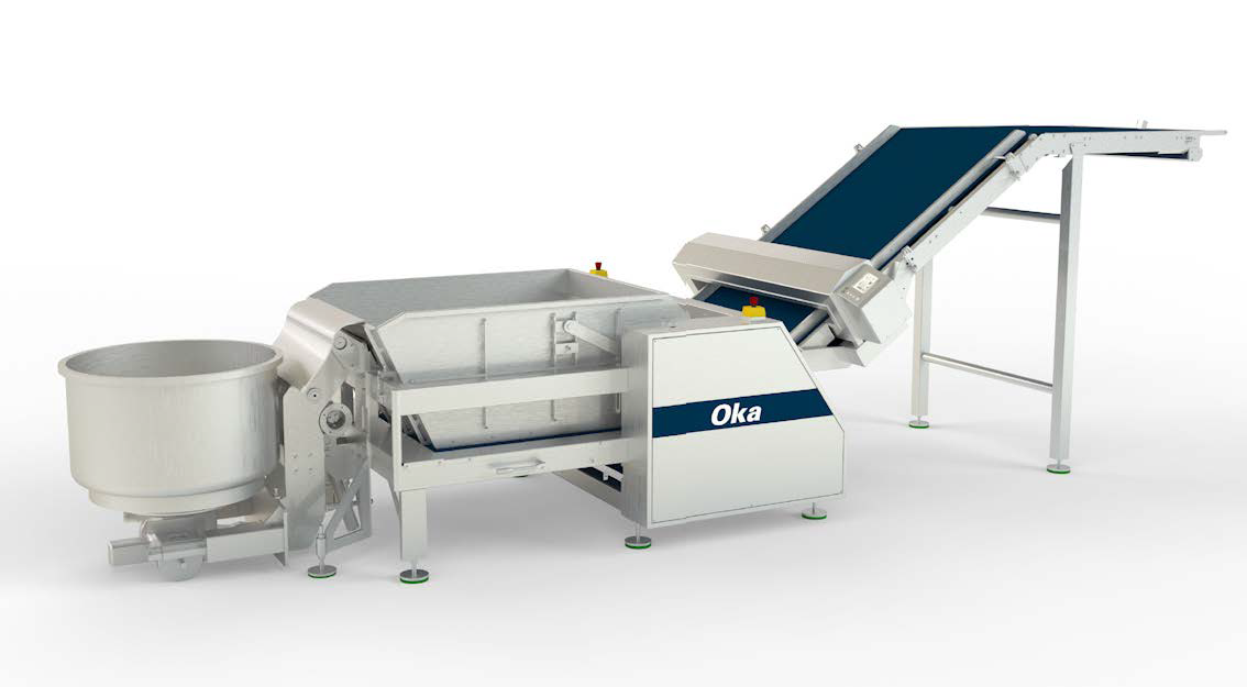 Industrial dough feeding machine with 'Oka' branding.