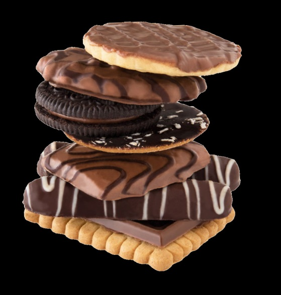 An assortment of seven chocolate biscuits stacked on top of each other.