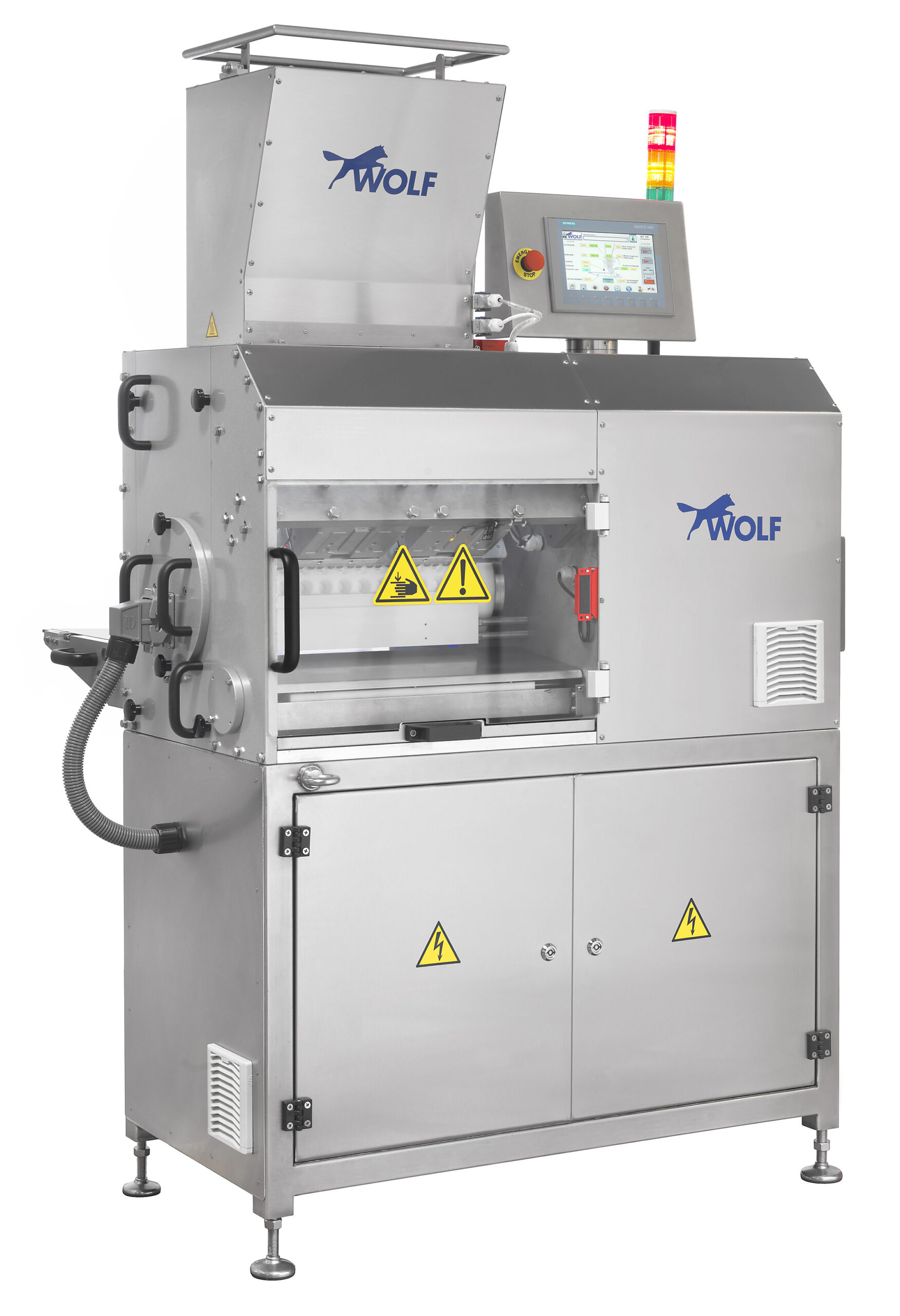 Stainless steel WOLF forming machine with touch control and safety warning symbols.