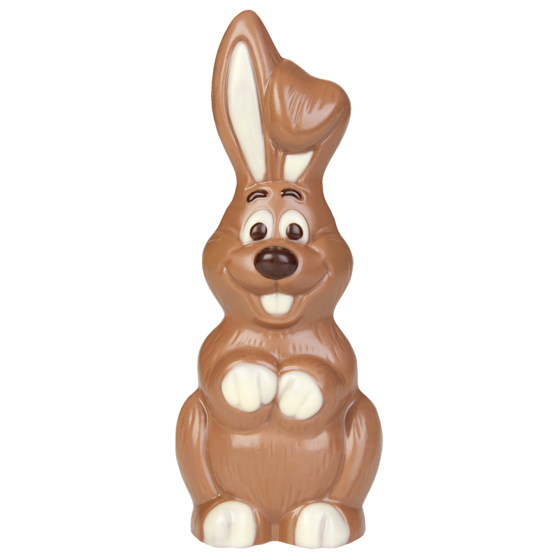 A novelty hollow easter bunny chocolate figurine created with milk, white, and dark chocolate. 