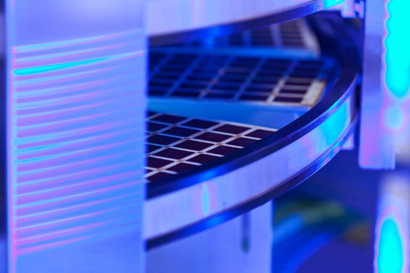 Close up of a chocolate moulding line.