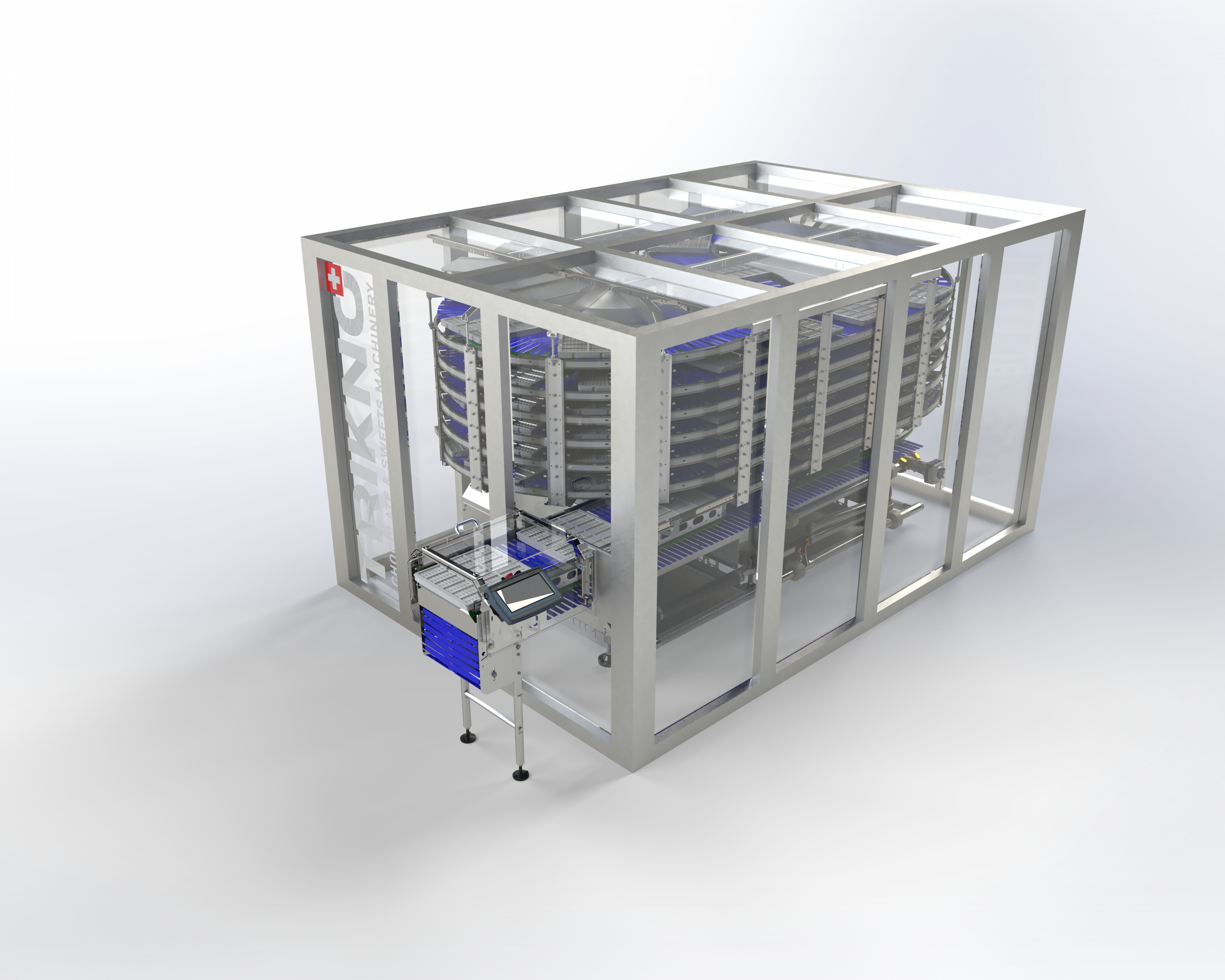 Spiral cooling conveyor for controlled cooling and space-efficient handling in food production lines.