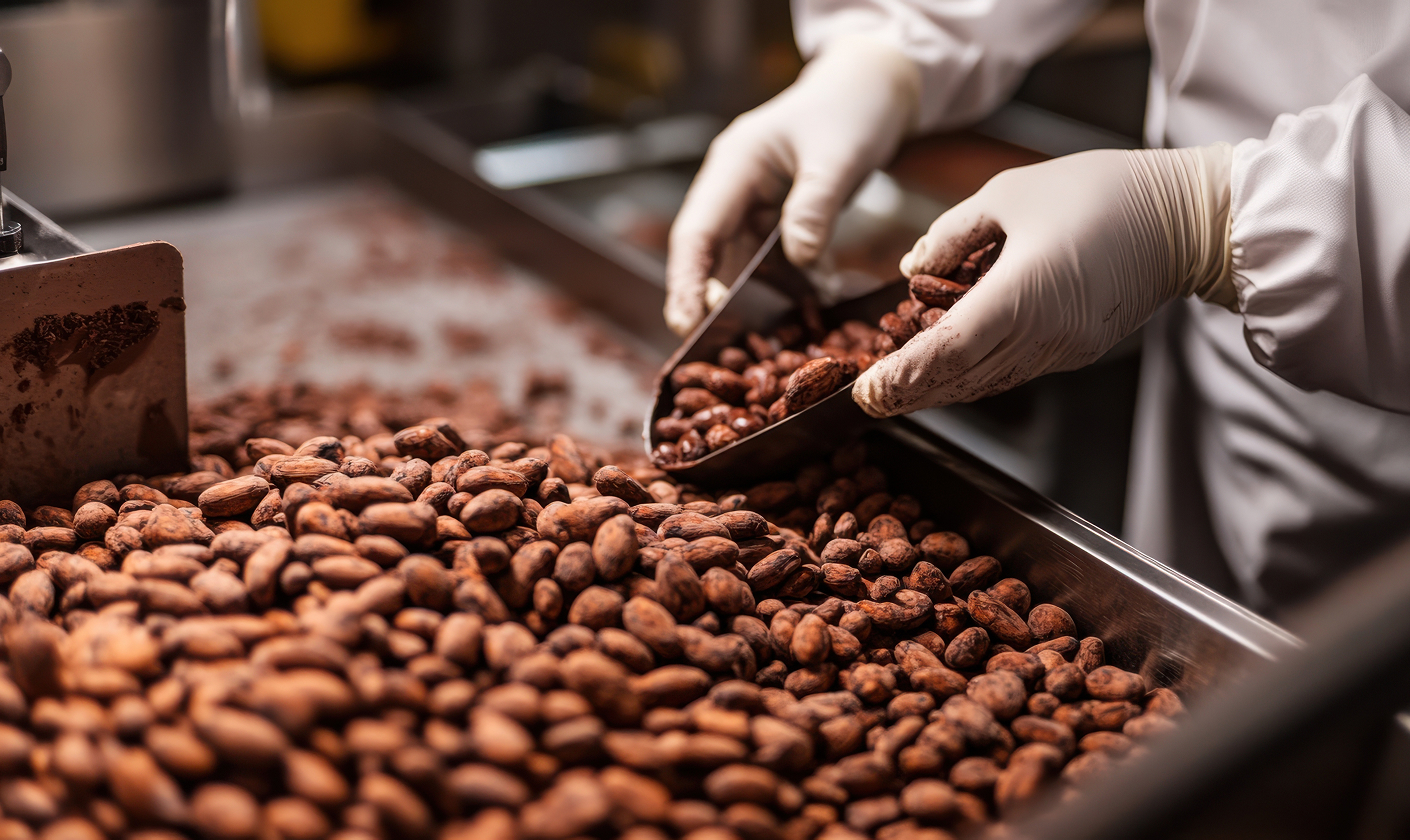 A factory worker in white gloves scooping cocoa beans during chocolate production.