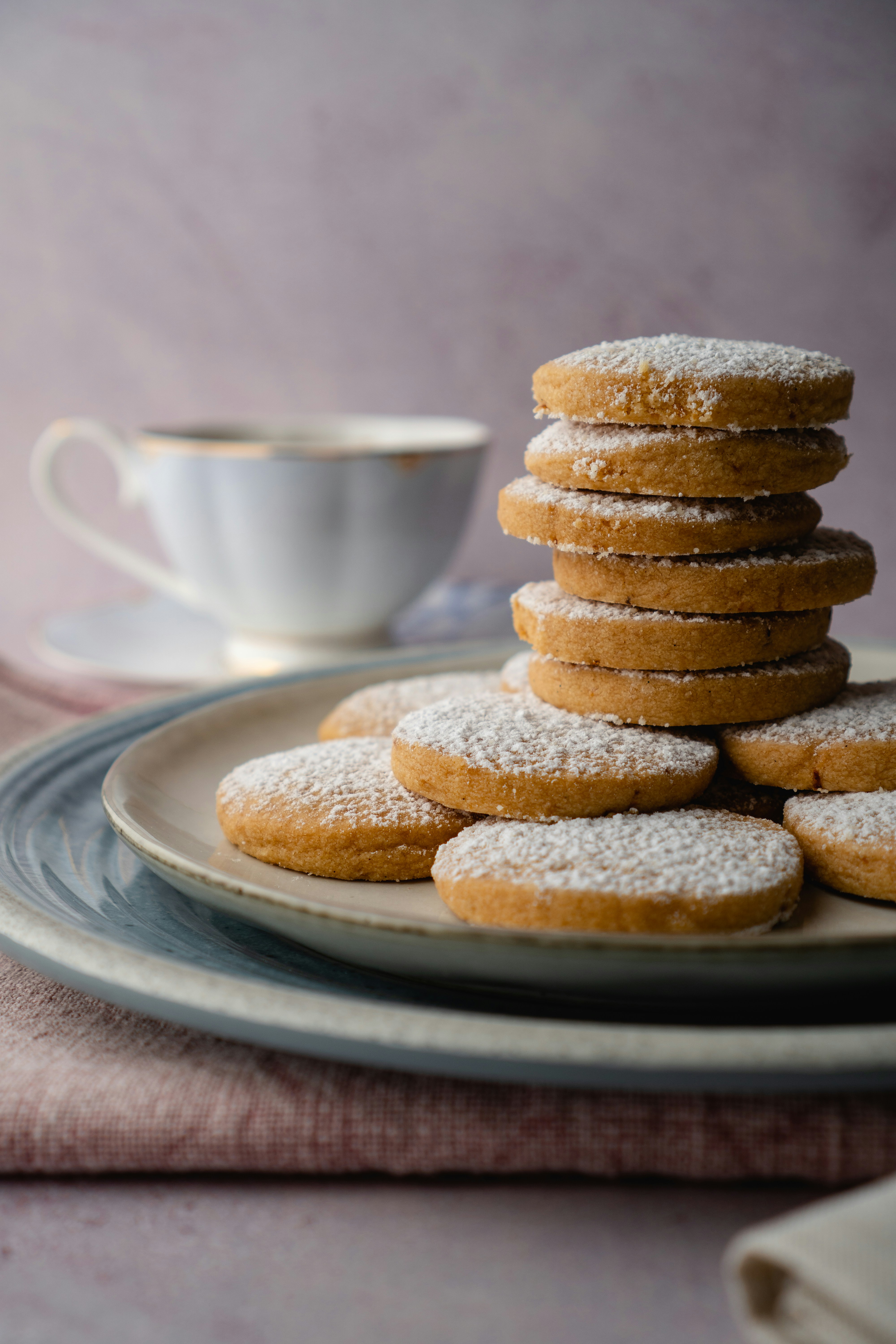 A stack of round biscuits topped with icing sugar on a plate, in front of a cup and saucer.