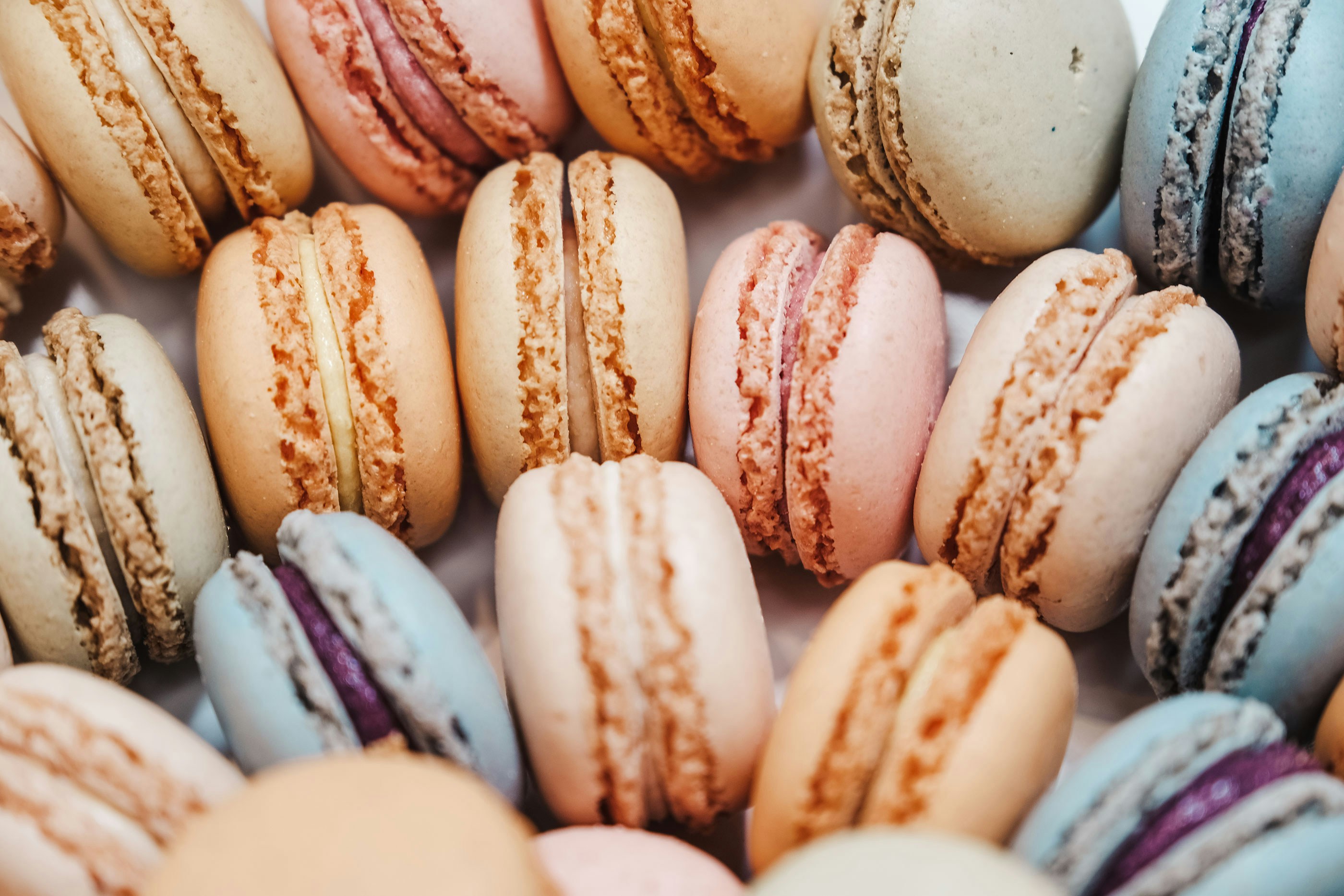 Assorted macarons arranged in rows on their side displaying a sandwiched filling.