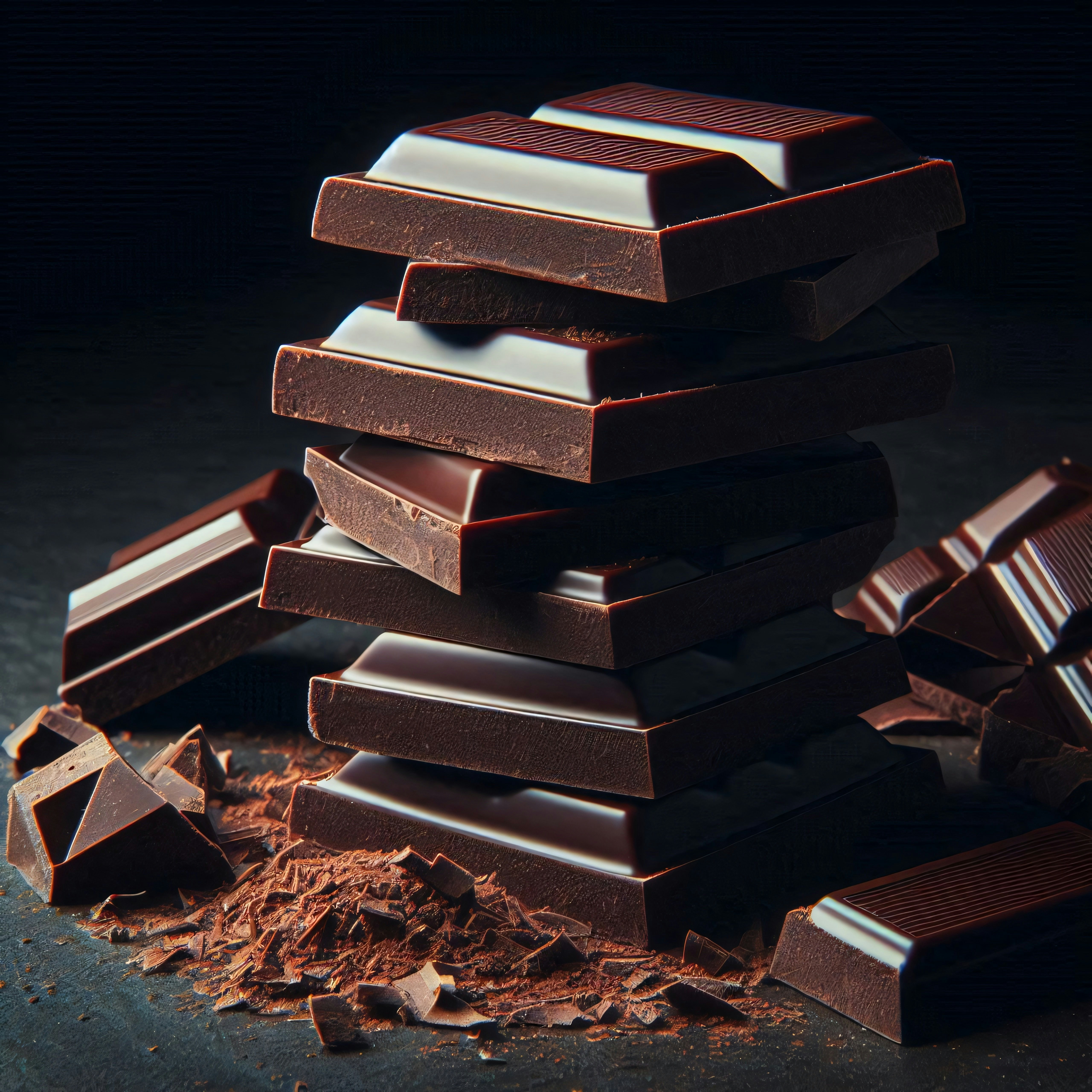 Stack of glossy dark chocolate pieces with shavings scattered on a dark surface.