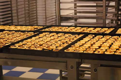Conveyor belt with pastries arranged in rows in an industrial food processing facility.