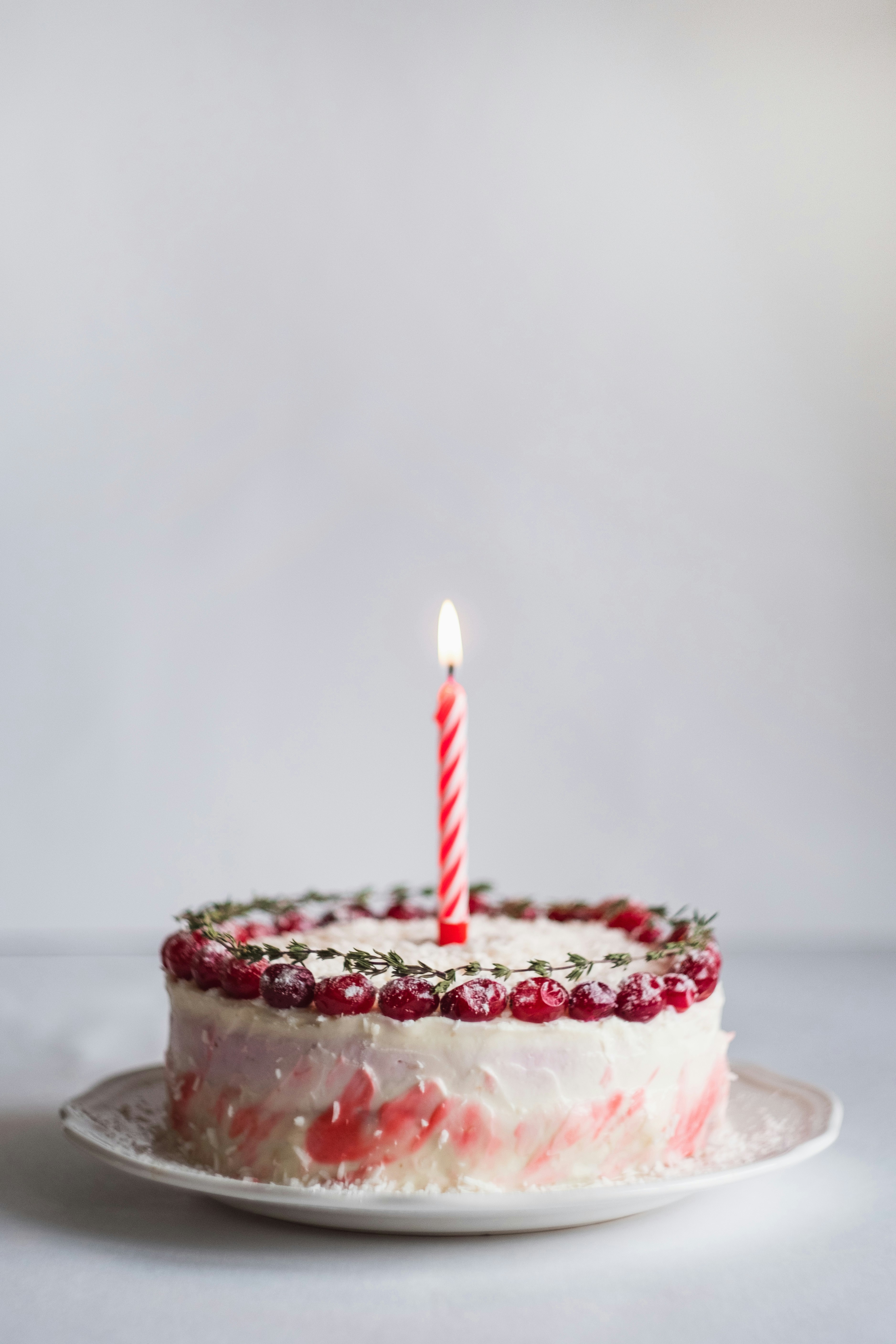 Single tier celebration cake decorated with white icing, cranberries, and a candle.