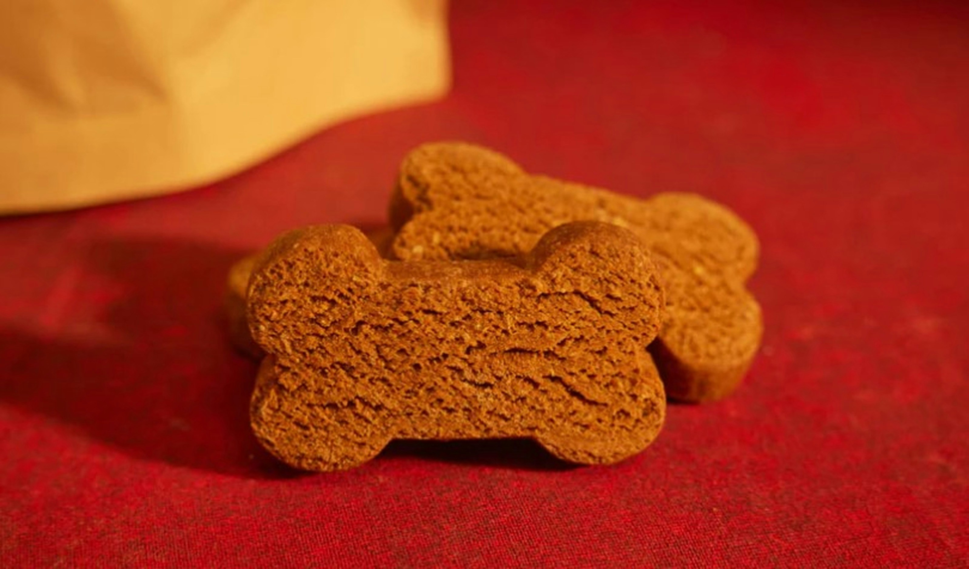 Three homemade bone-shaped dog biscuits on a red surface.