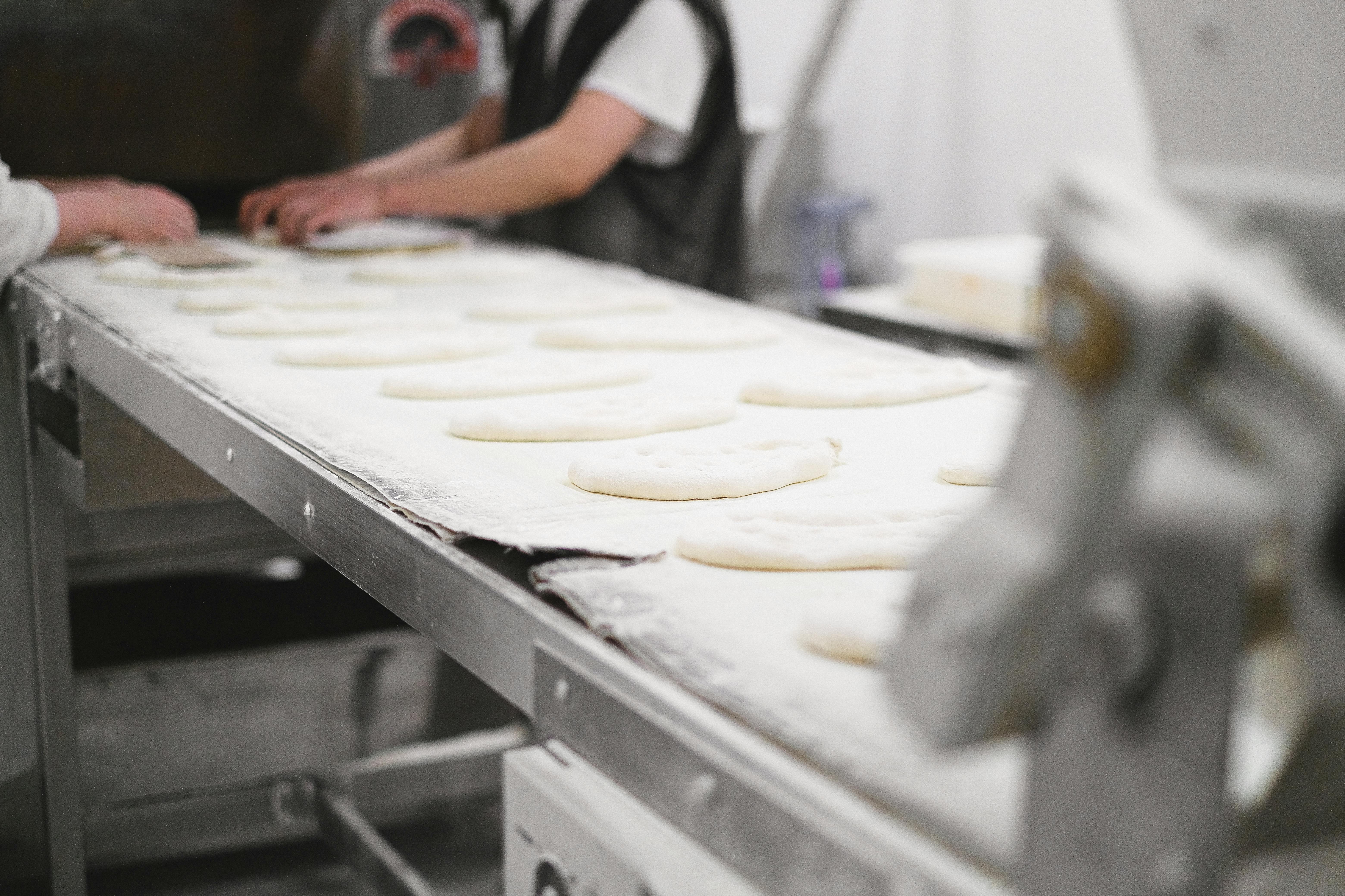 Rounds of dough moving along a conveyor in an industrial food production facility.