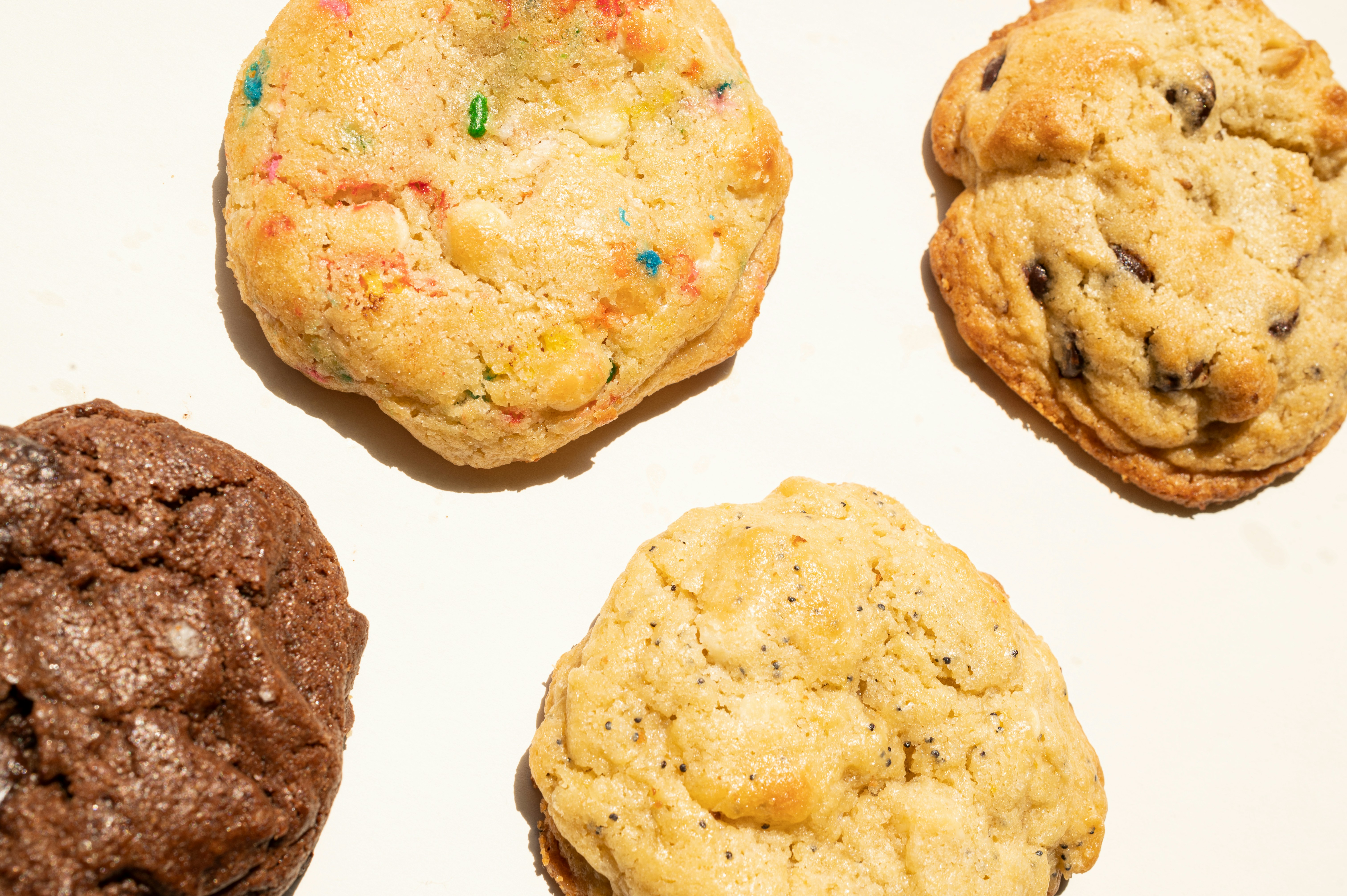 Close-up of freshly baked cookies in assorted flavours.