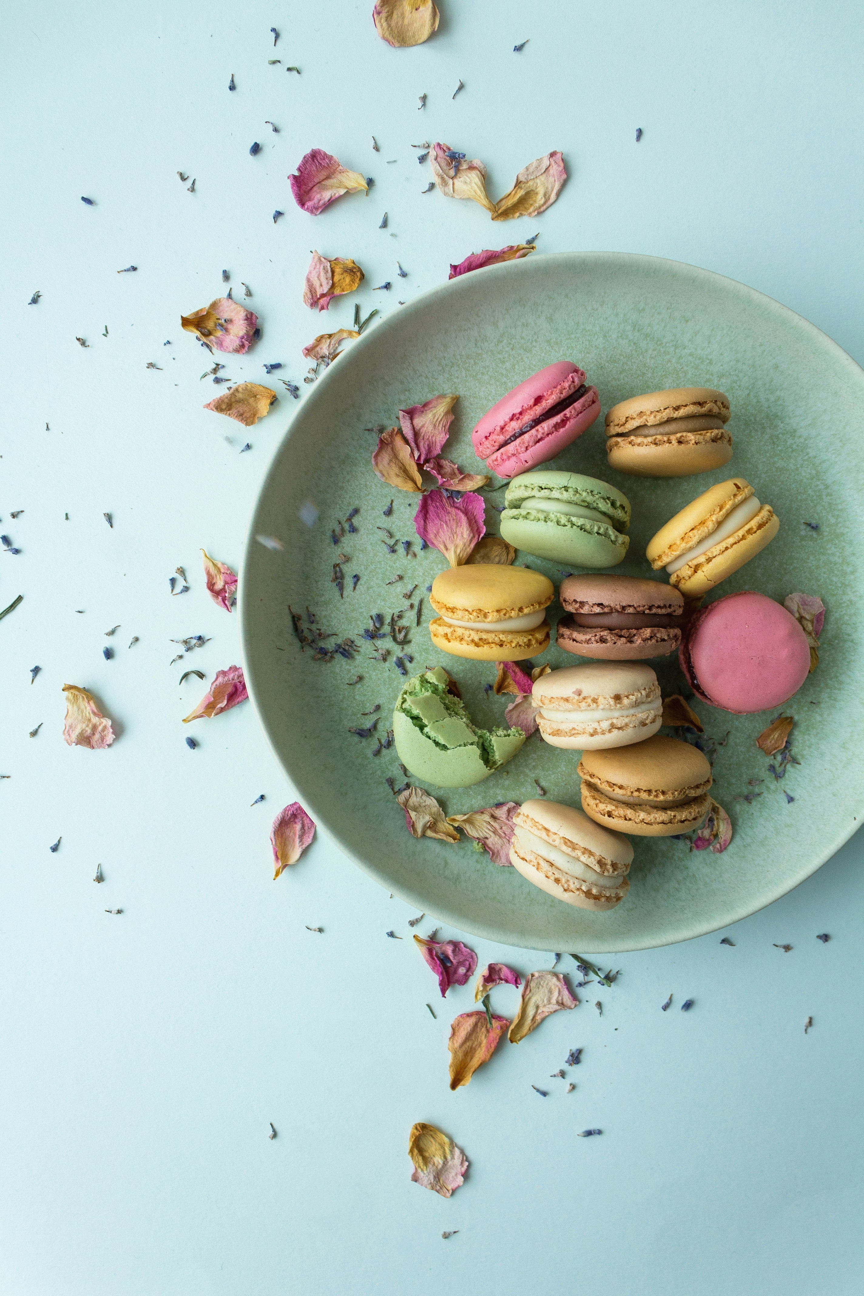 assortment of colourful macarons on a plate.