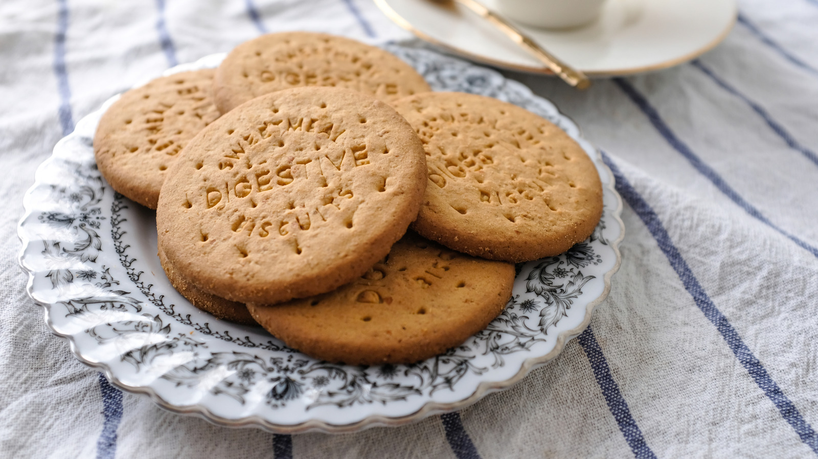 Plain digestive biscuits laid out on a plate.