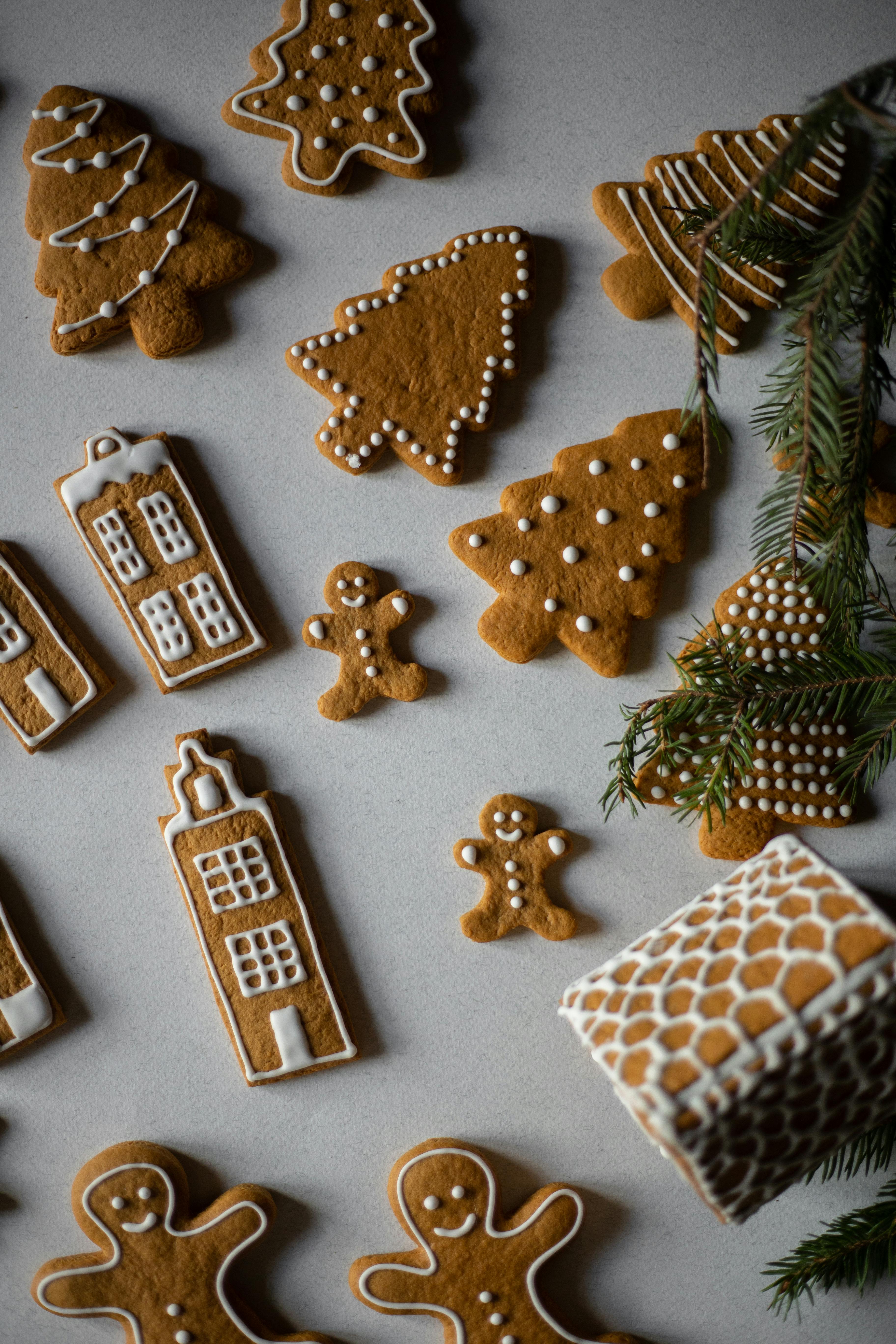 Decorated gingerbread cookies laid out.