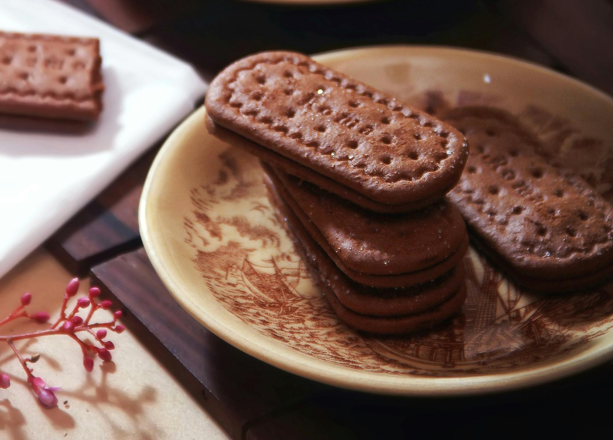 Chocolate biscuits laid out on a brown plate.