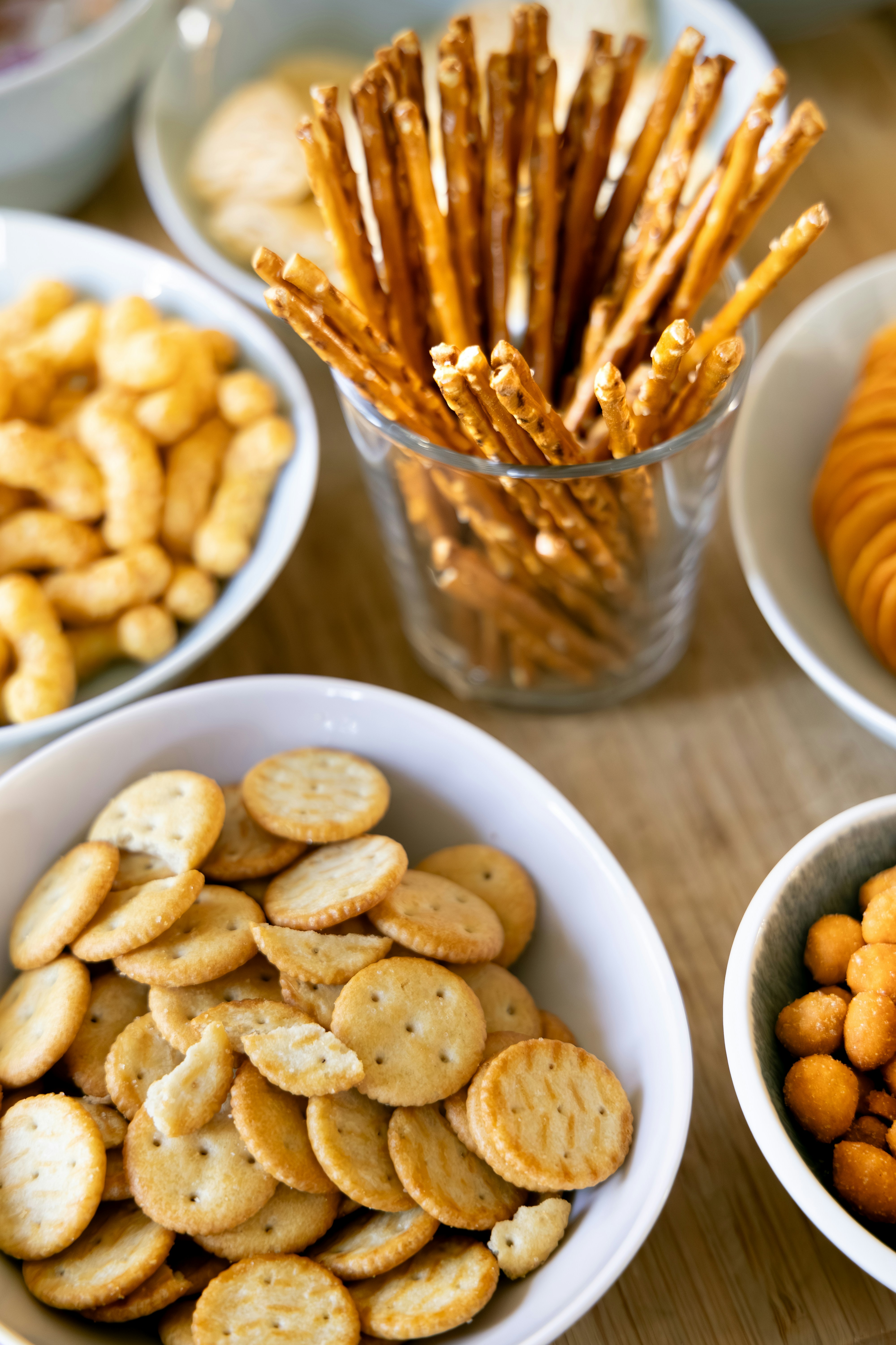 Assortment of snacks including biscuits and crisps.